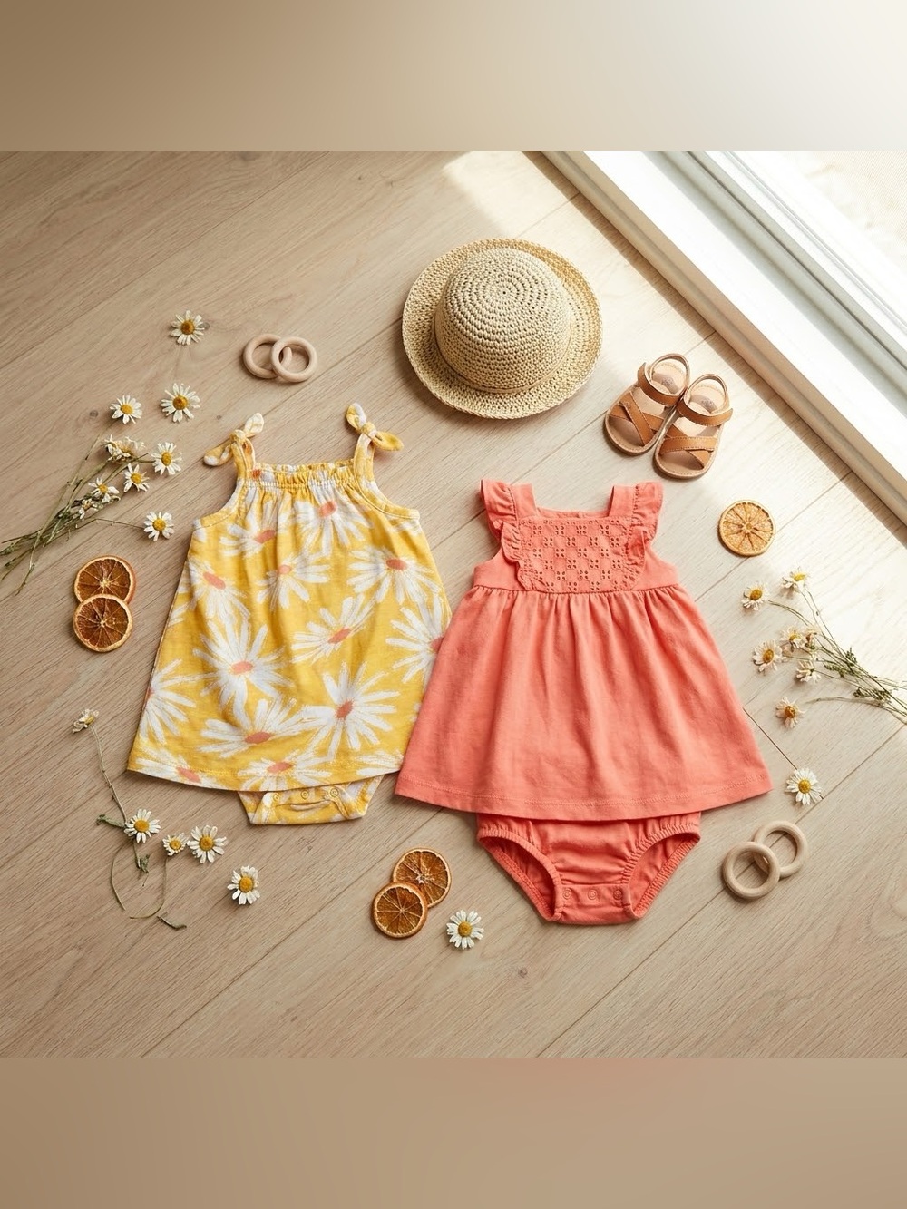 Carter's Yellow Daisy Print Romper & Coral Ruffle Dress Set